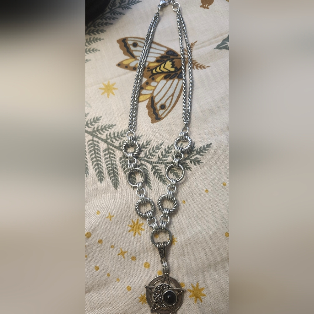 Silver Chainmail Pentagram, Star, Moon Pendant Necklace